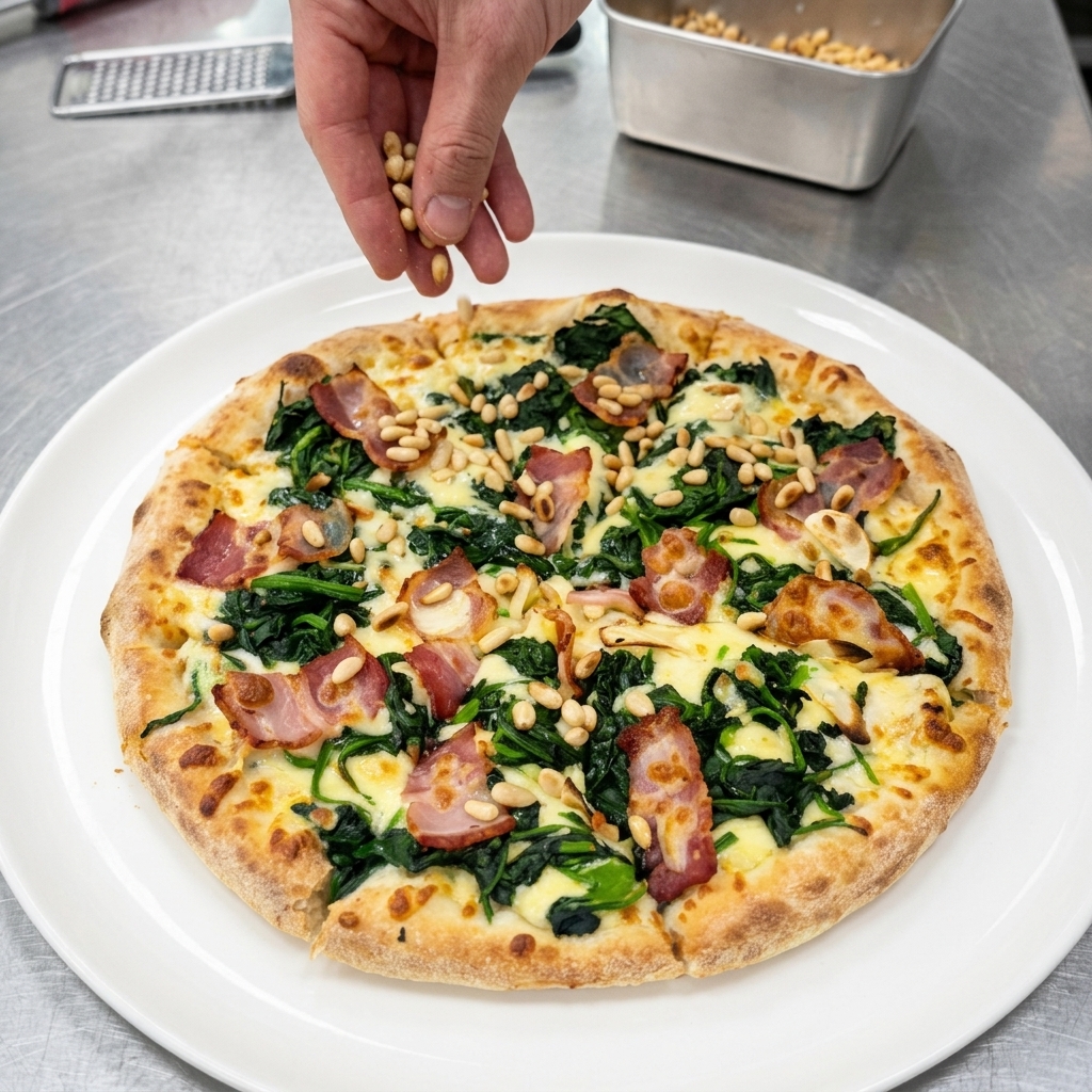 Une main parsemant des pignons de pin torréfiés sur la pizza découpée et fumante.