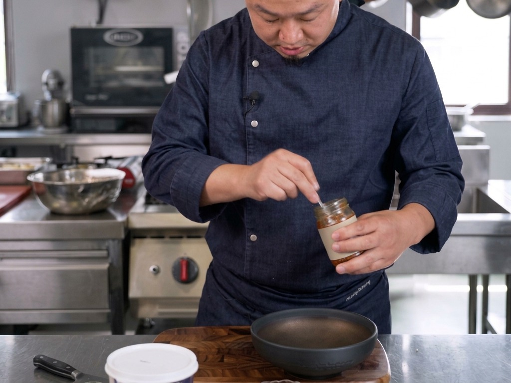 Chef prélevant une cuillerée de pâte Tom Yum épaisse et sombre dun pot en verre pour la mettre dans un bol.