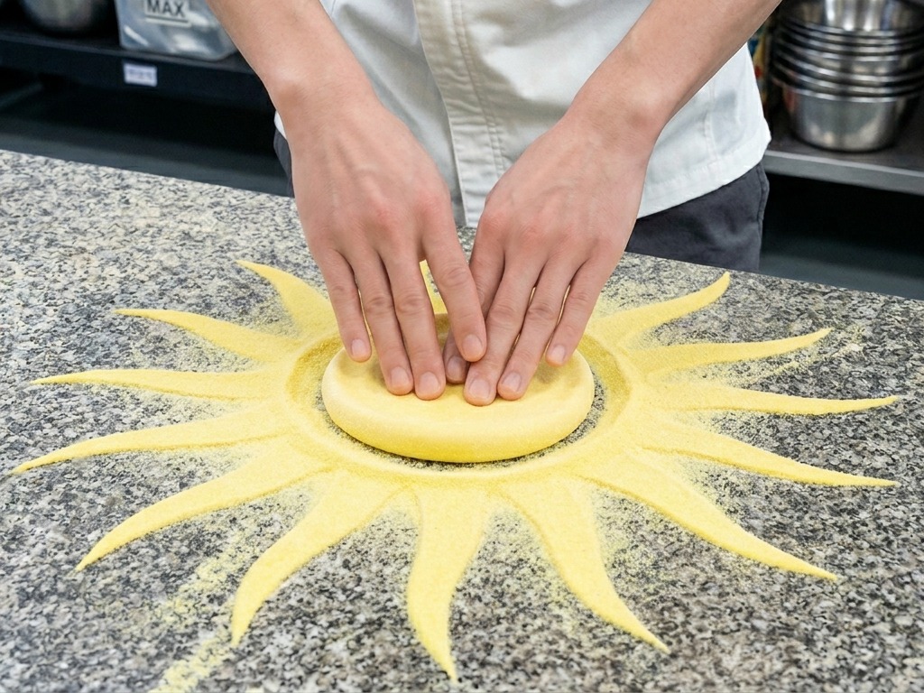 Mains dun chef pressant un disque de pâte à pizza sur un plan de travail en granit fariné.