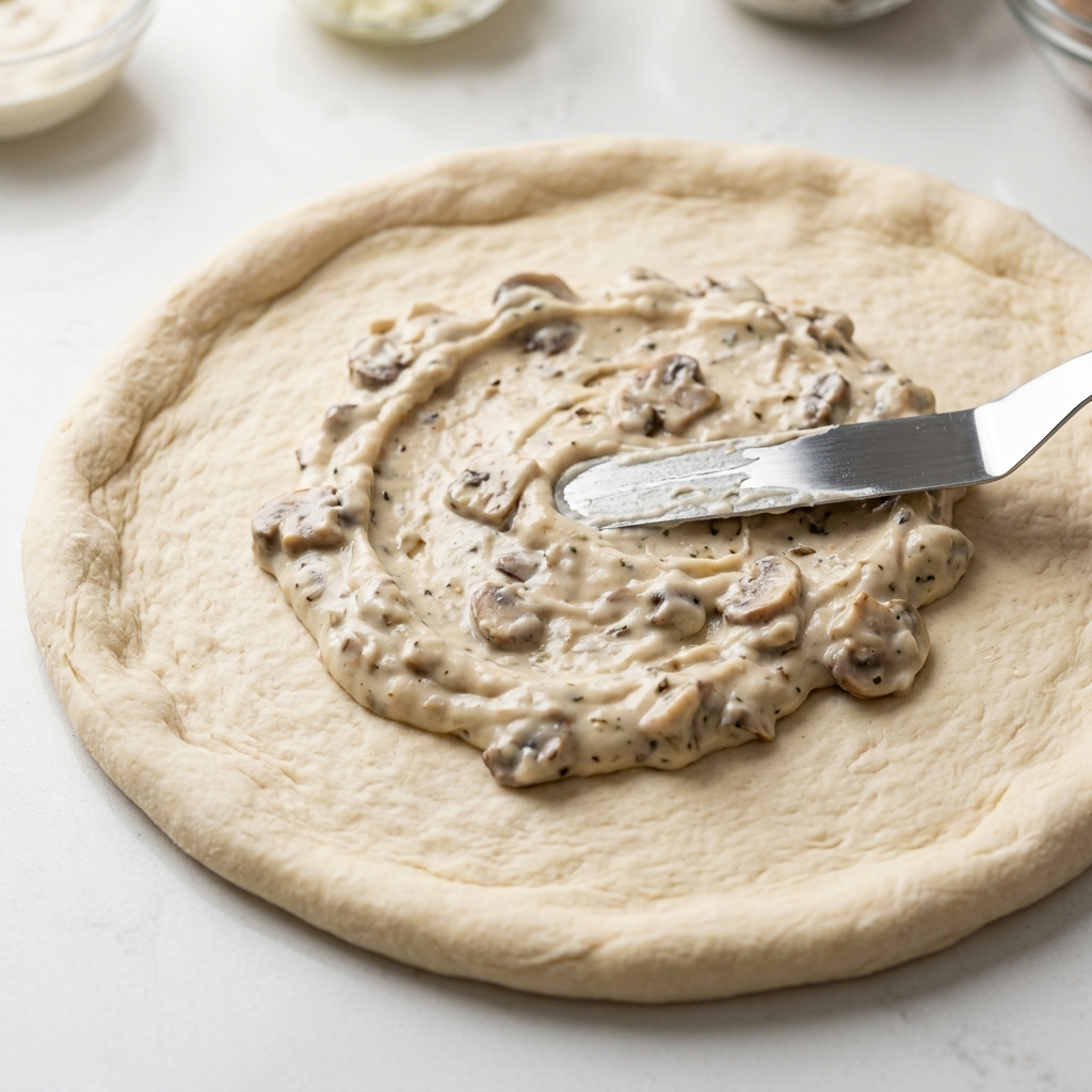 Sauce blanche crémeuse avec des morceaux de champignons étalée uniformément sur la pâte crue avec une spatule métallique.