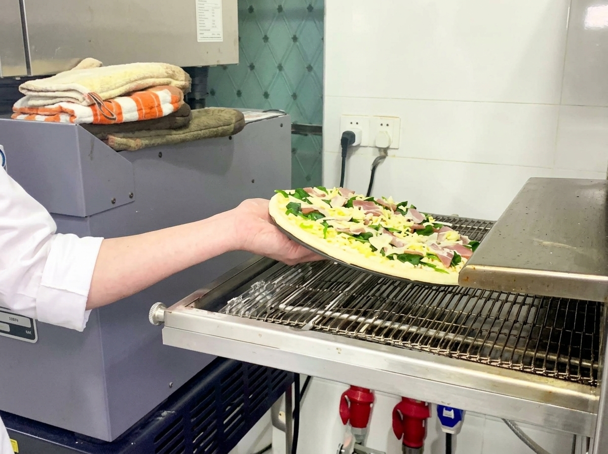 Bras déposant une pizza crue sur le tapis roulant dun four à pizza professionnel.