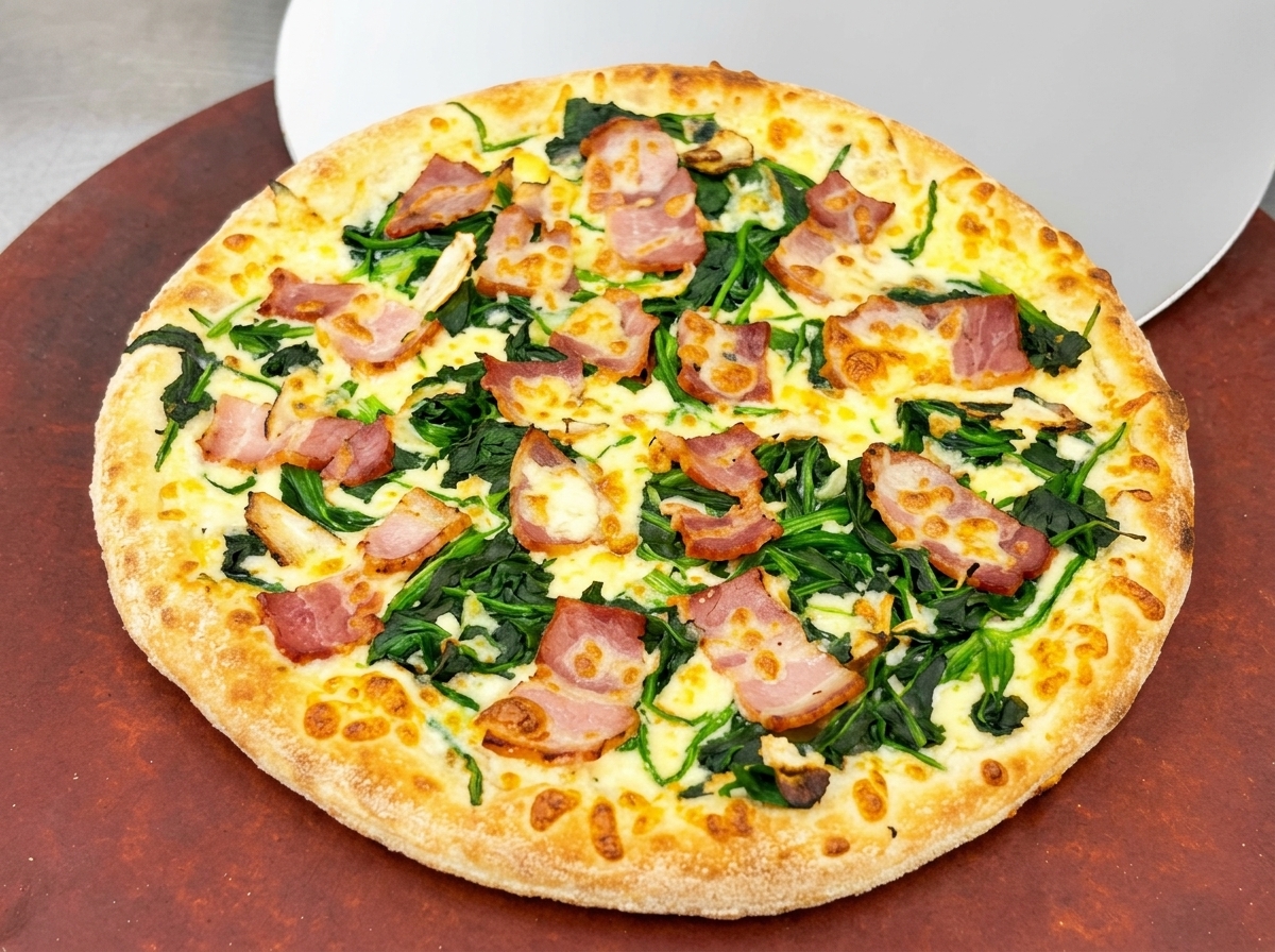 Une pizza fraîchement cuite aux épinards et au bacon reposant sur une pelle à pizza.