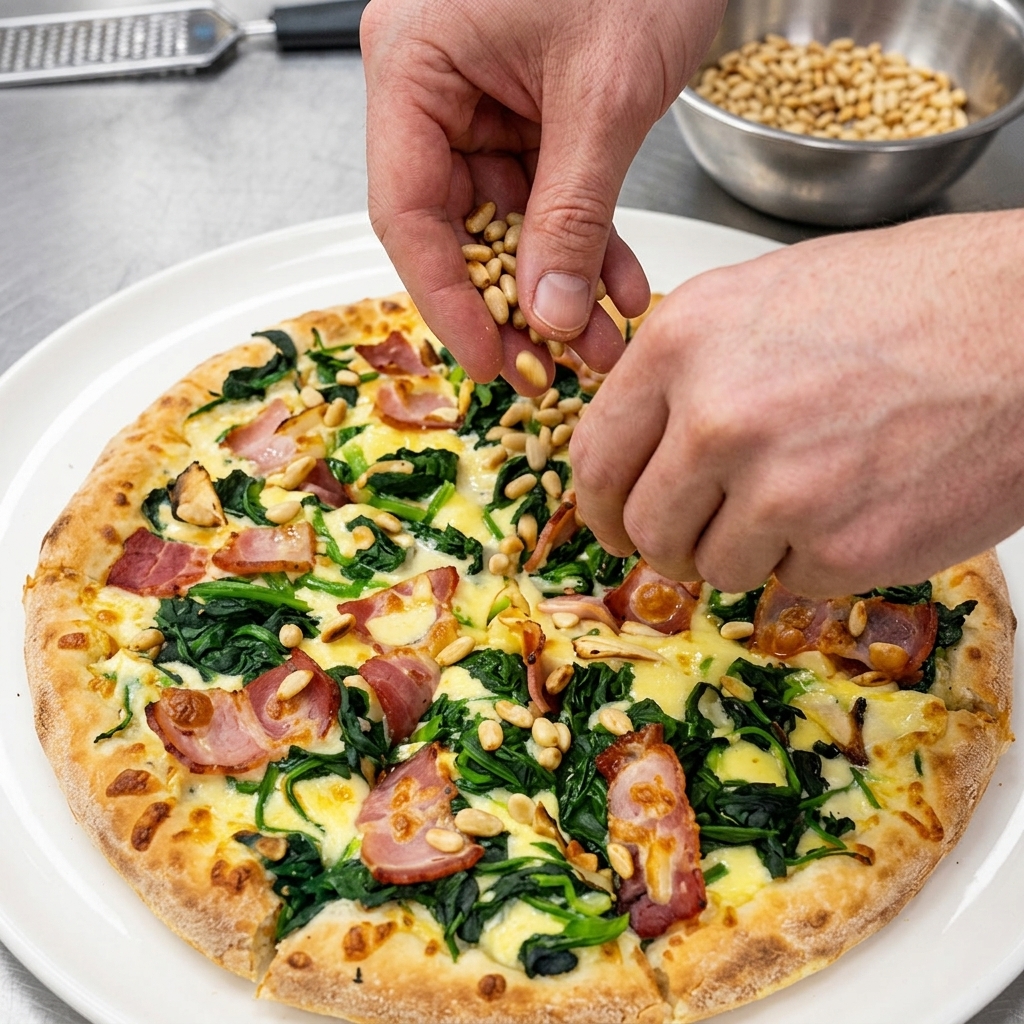 Mains saupoudrant des pignons de pin torréfiés sur une pizza découpée servie dans une assiette blanche.