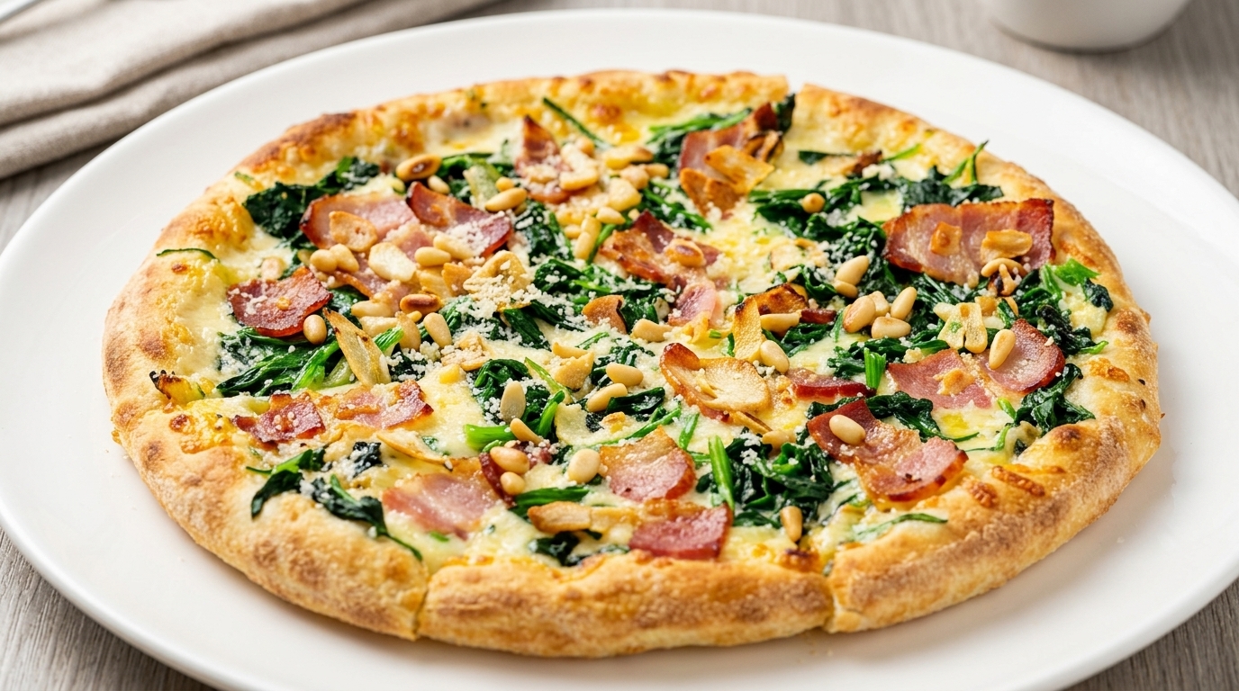 Une pizza aux épinards et au bacon fraîchement sortie du four, parsemée dail et de pignons de pin torréfiés.