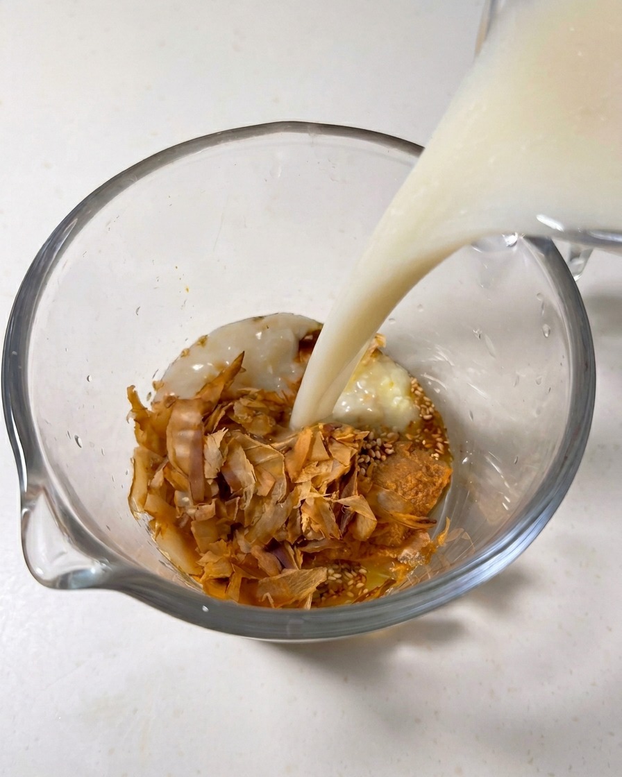 Bouillon tonkotsu blanc et crémeux versé dans un récipient contenant les assaisonnements et les flocons de bonite.