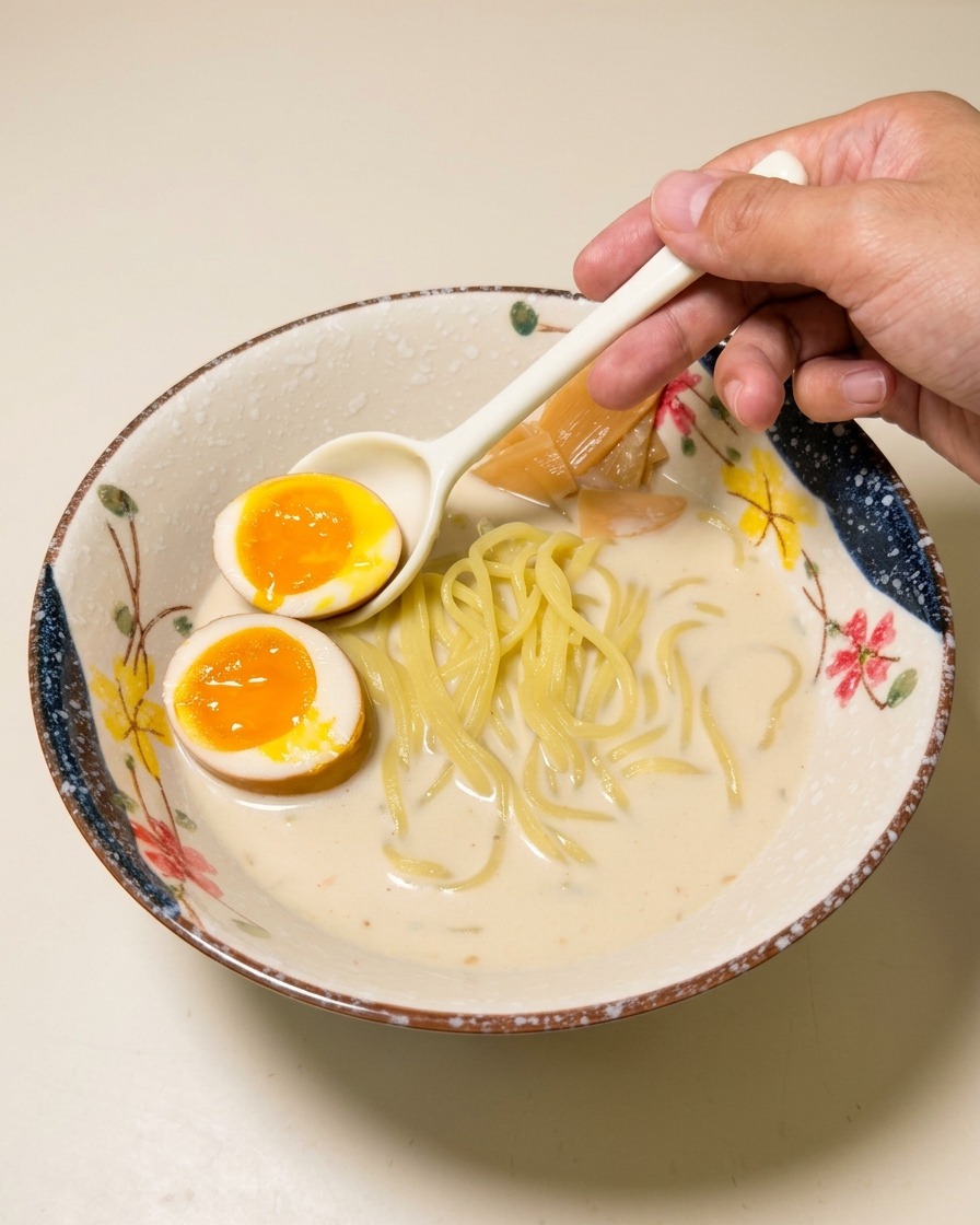 Une main déposant des moitiés dœuf mollet au jaune fondant et orangé dans le bol de ramen.