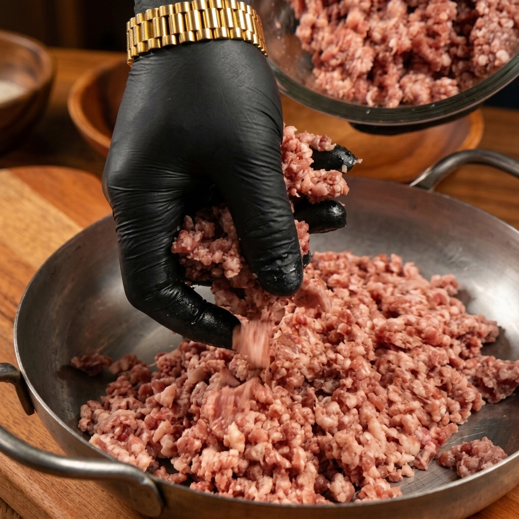 Bœuf haché cru placé dans un plat métallique par une personne portant des gants noirs.