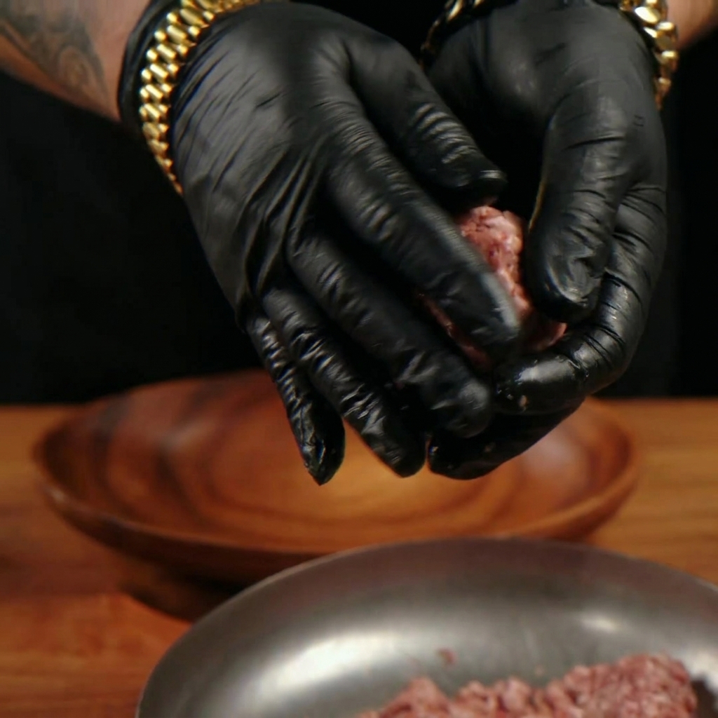 Mains gantées formant délicatement une boulette de bœuf haché sur une assiette en bois.