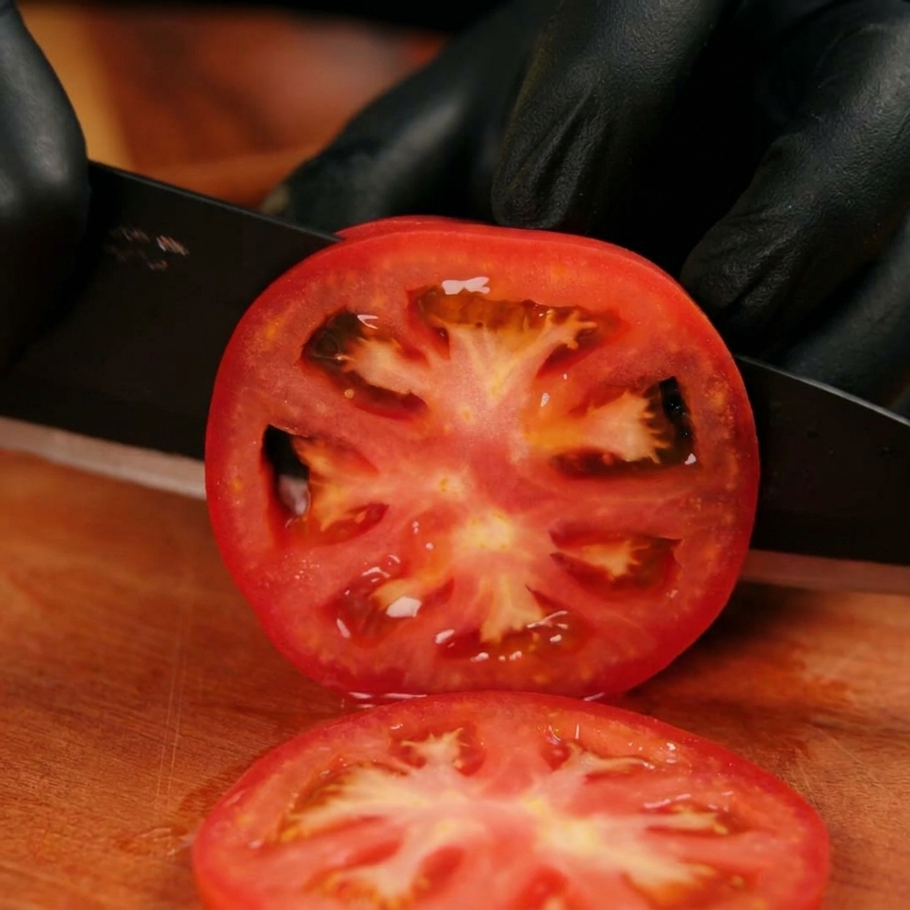 Un couteau noir tranchant une tomate rouge mûre sur une planche à découper en bois.