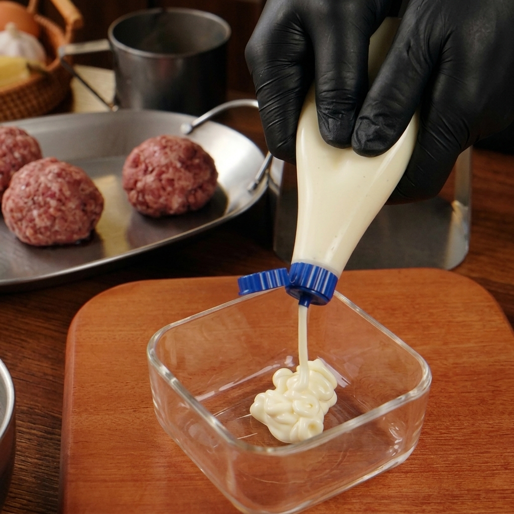 Une personne avec des gants noirs versant de la mayonnaise dans un petit bol en verre.