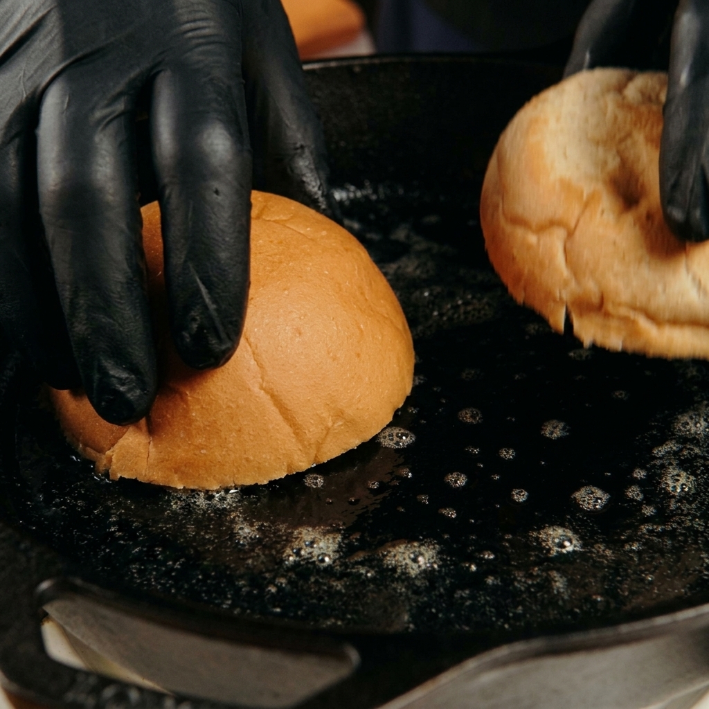Mains gantées pressant les deux moitiés dun pain burger dans une poêle en fonte avec du beurre moussant.