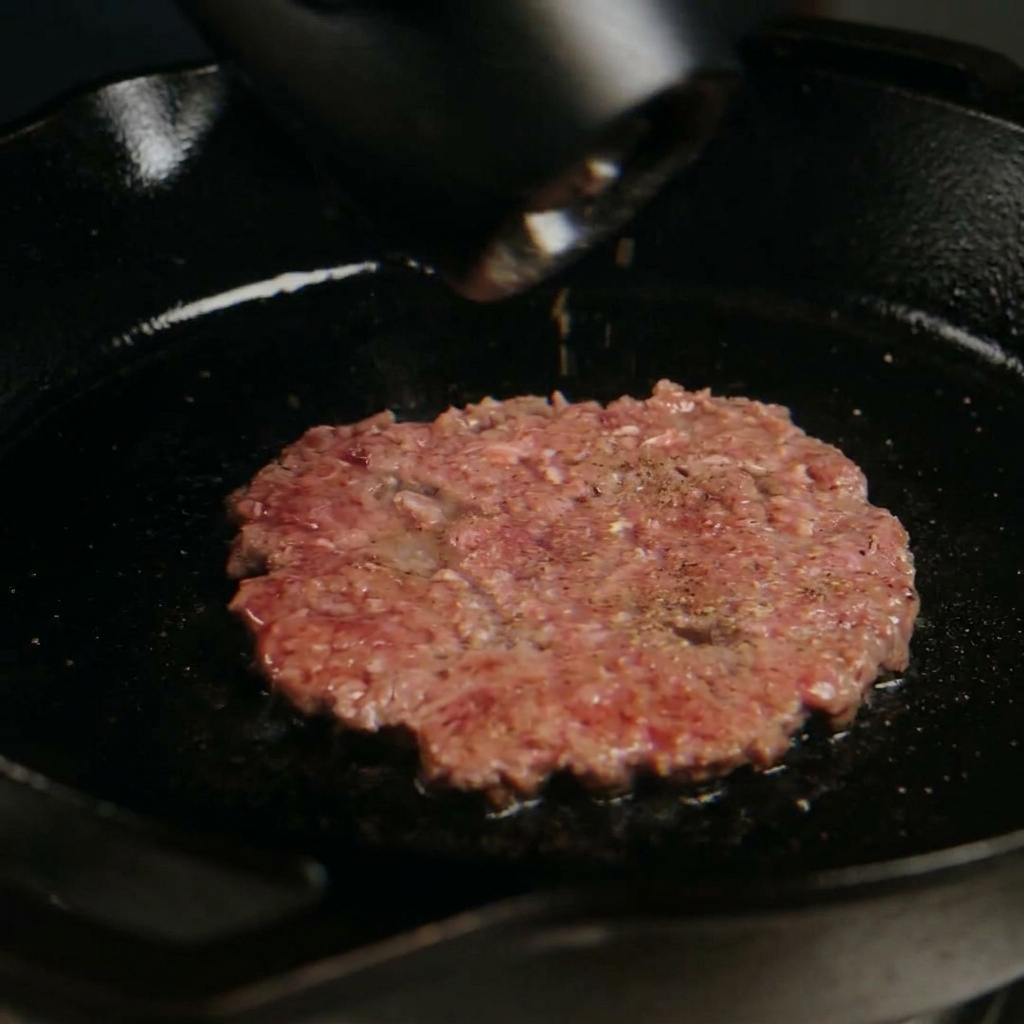 Utilisation dun moulin à poivre sur un steak smashé grésillant dans une poêle en fonte.