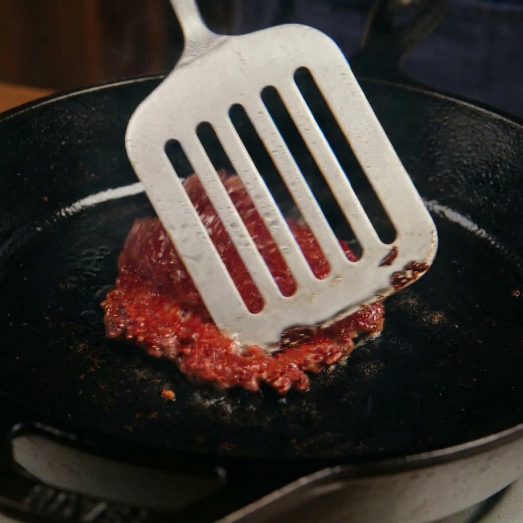 Une spatule métallique retournant un steak smashé, révélant une croûte brune croustillante et caramélisée.