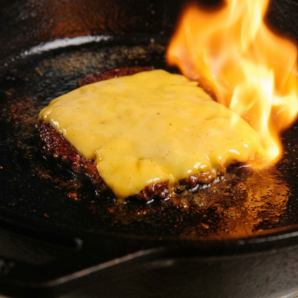 Une tranche de cheddar fondant sur un steak de bœuf sous la flamme directe dun chalumeau.