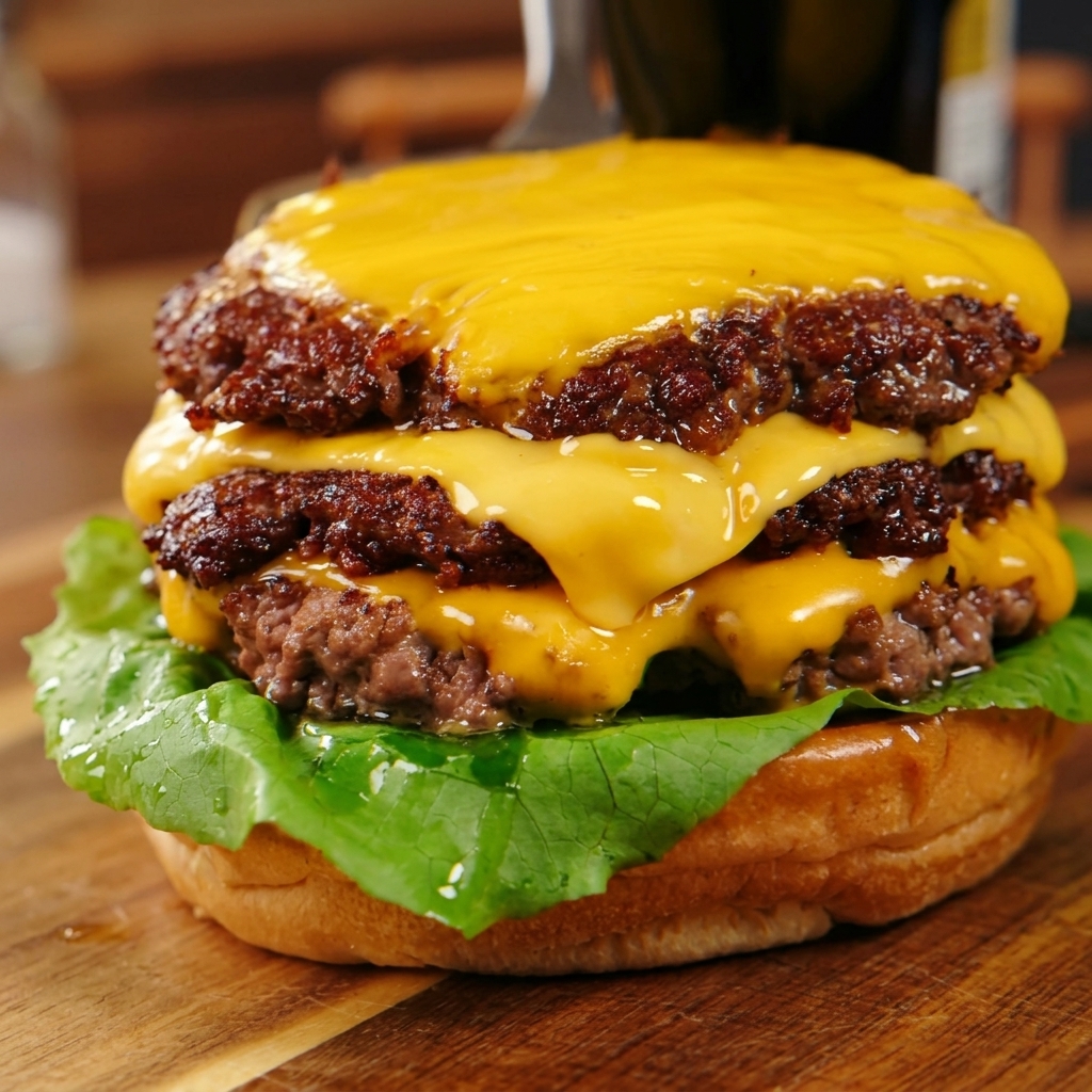 Trois steaks smashés au cheddar fondu empilés sur la base dun pain burger garnie de laitue.