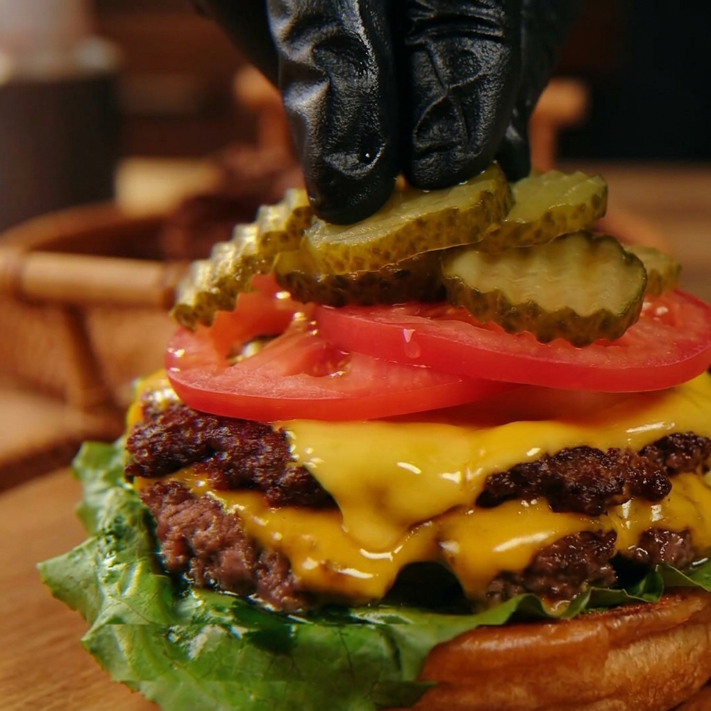 Mains posant des tranches de cornichons malossols sur les tomates dun triple cheeseburger.