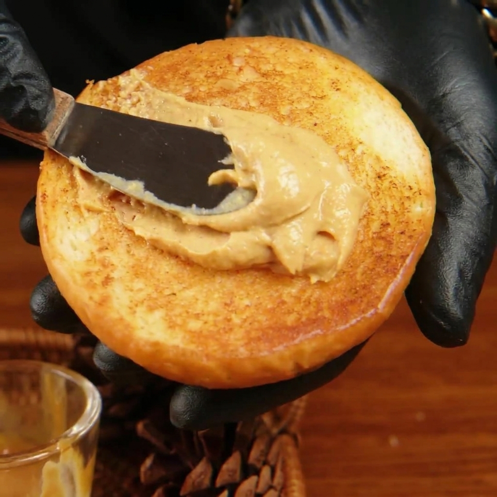 Une personne étalant de la sauce burger orange sur la surface toastée du chapeau dun pain burger.