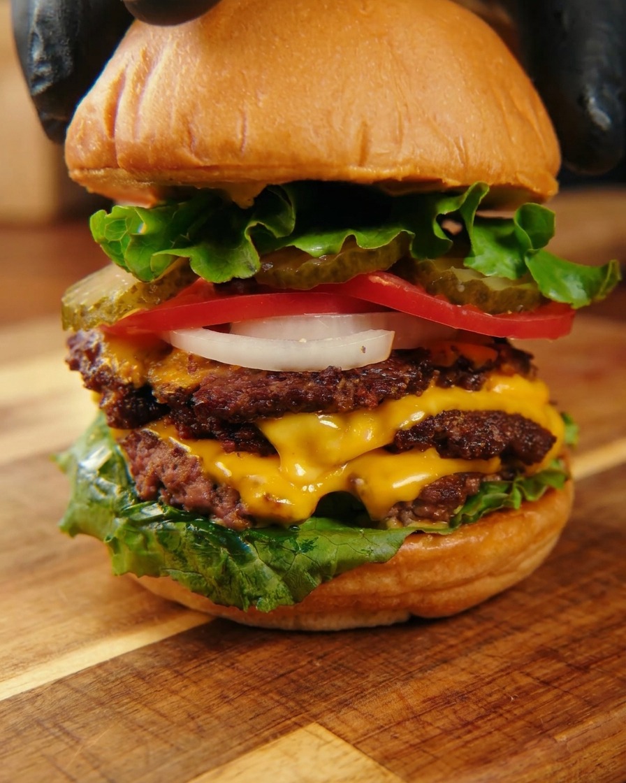 Mains plaçant le chapeau du pain sur un énorme triple cheeseburger entièrement assemblé.