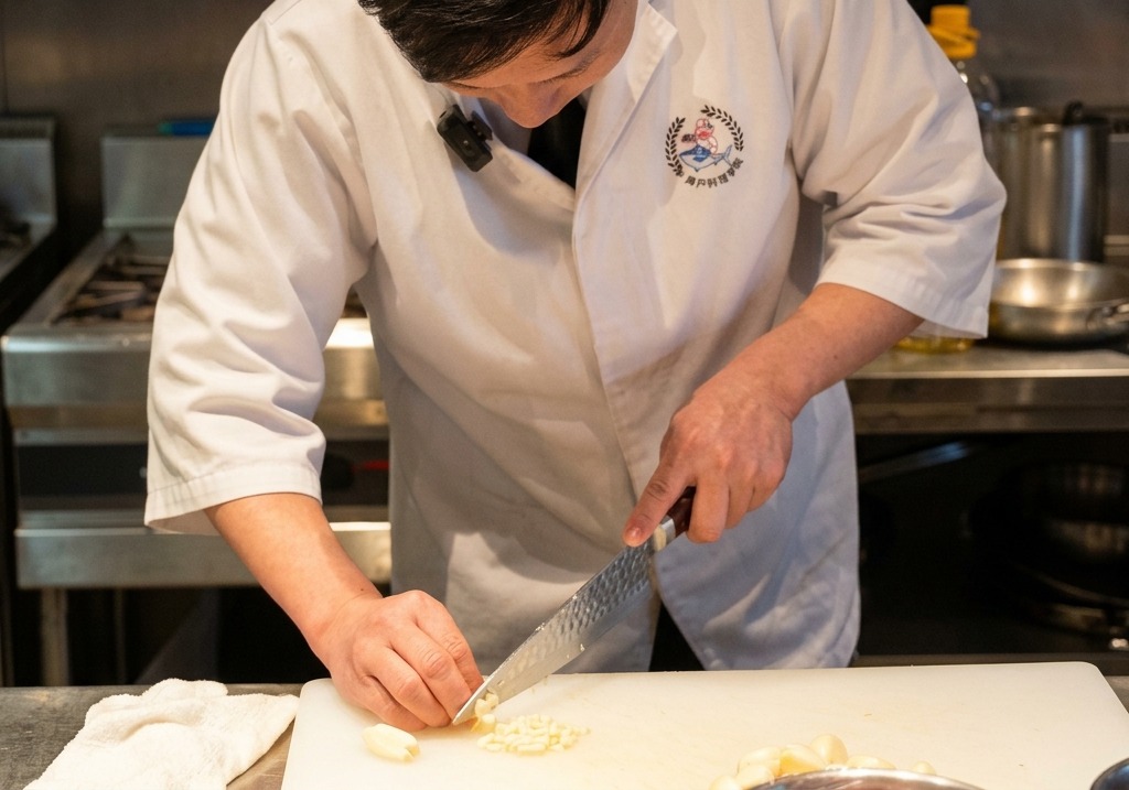 Mains dun chef hachant méticuleusement des gousses dail frais en morceaux uniformes sur une planche à découper blanche.