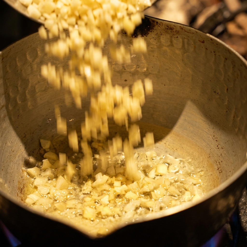 Ail frais haché versé régulièrement dans une casserole contenant de lhuile de cuisson claire.