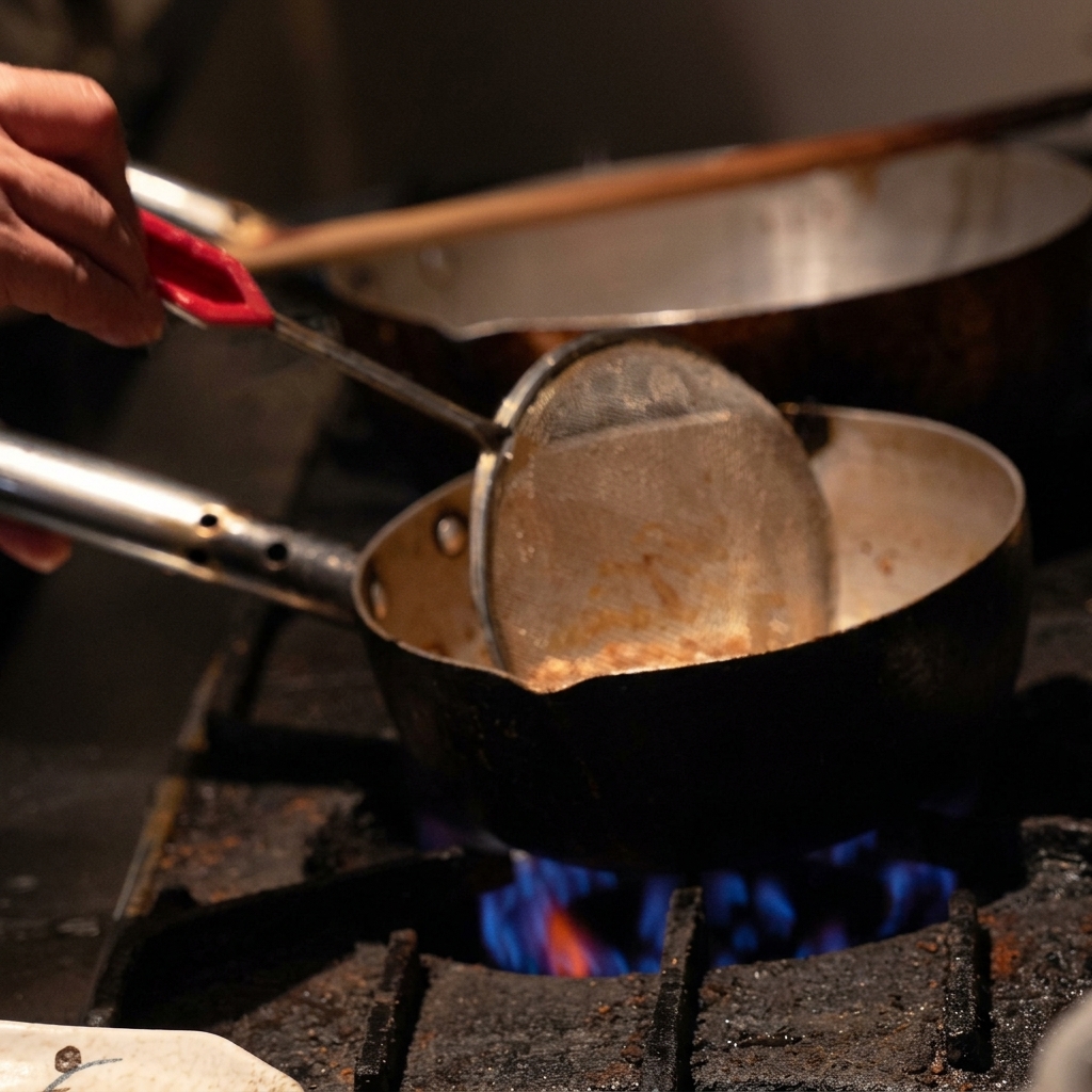Main utilisant une petite écumoire pour retirer les morceaux dail doré dune casserole dhuile chaude sur une cuisinière à gaz.