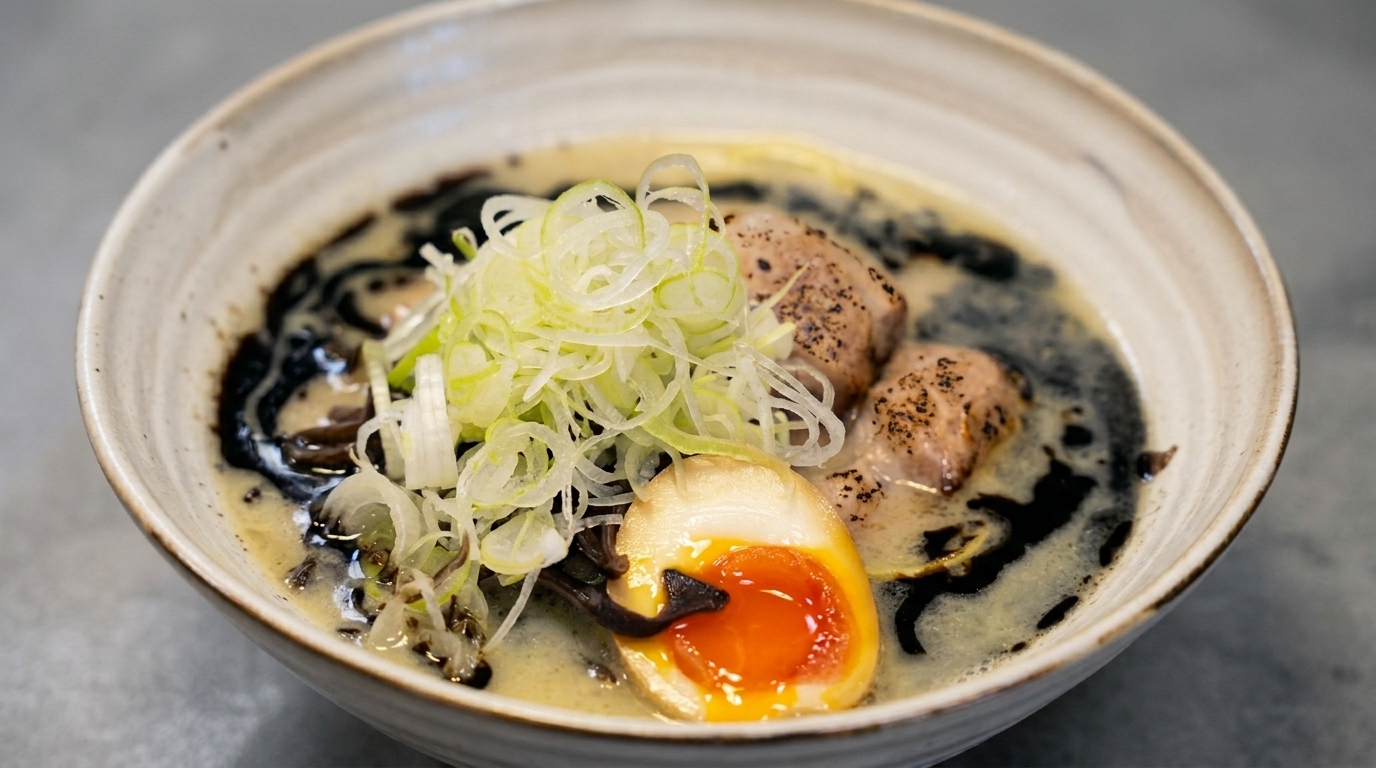 Un bol de ramen onctueux sublimé par un filet dhuile dail noir aromatique.