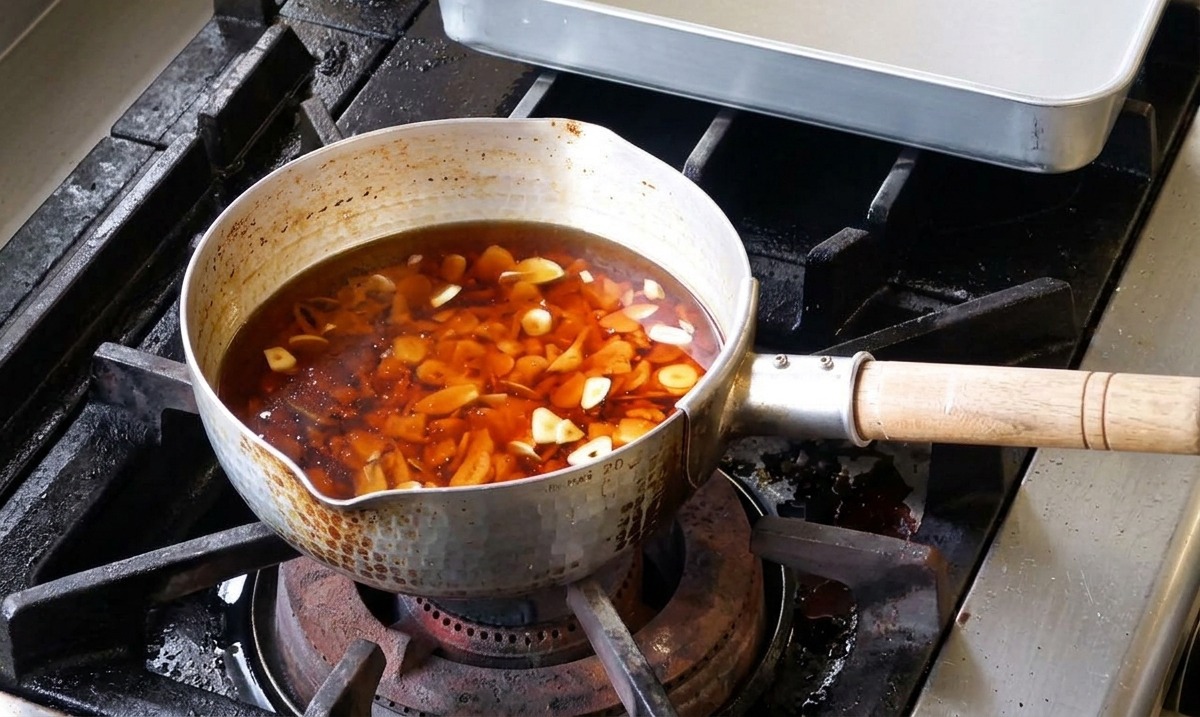 Lamelles dail cru dans un mélange dhuile froide à lintérieur dune petite casserole sur une cuisinière.
