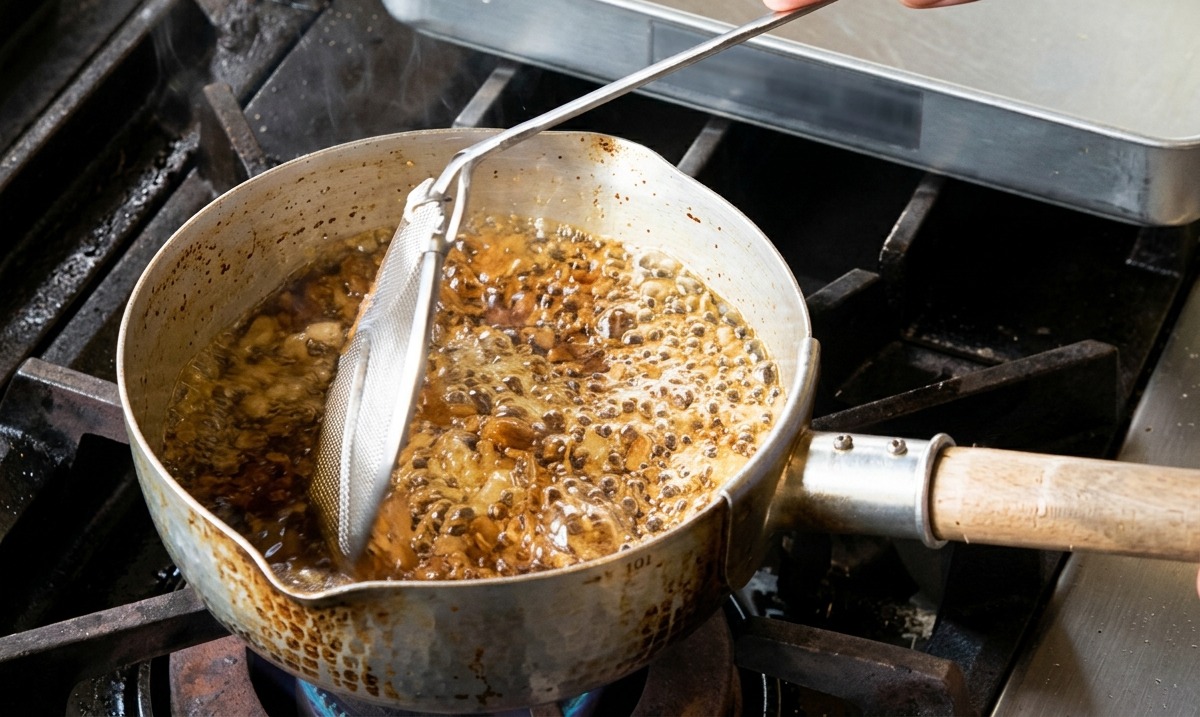 Huile bouillante dans une casserole avec des lamelles dail en friture, remuées doucement avec une écumoire.