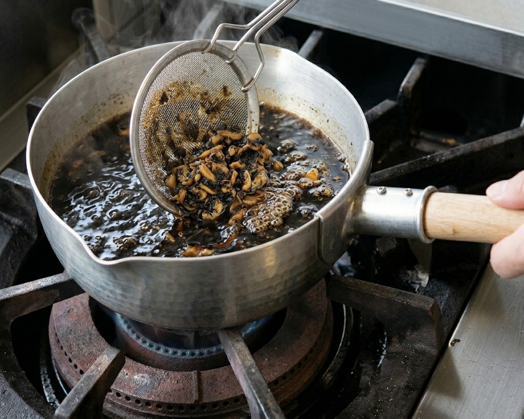 Une écumoire soulevant une portion de lamelles dail grillées brun clair de lhuile chaude.