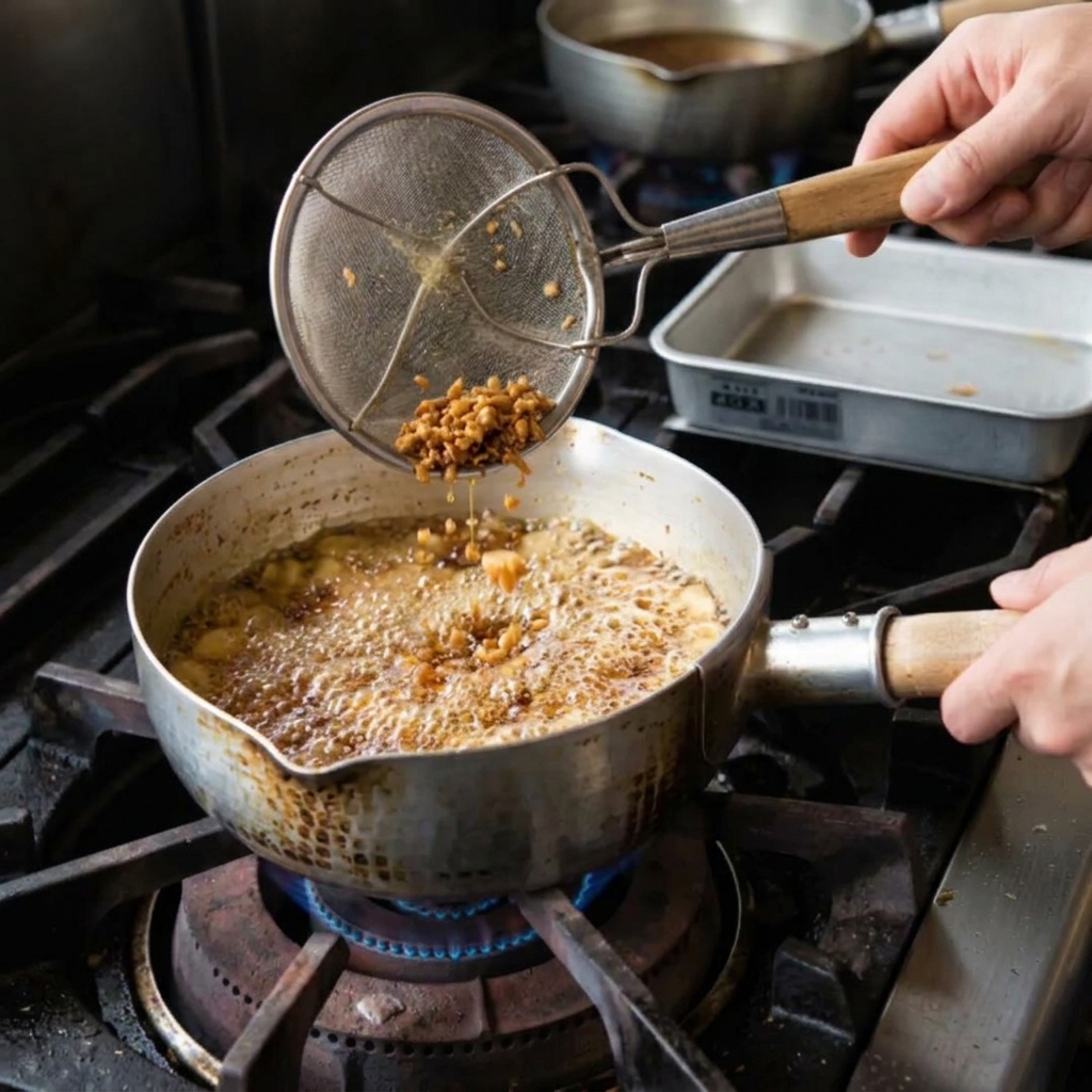 Une écumoire soulevant des morceaux dail frit brun foncé dune casserole dhuile bouillante sur une cuisinière à gaz.