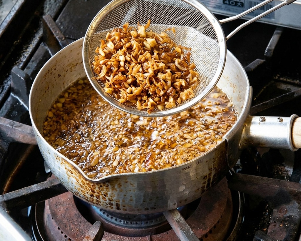 Une écumoire tenant une portion de lamelles dail frites presque noires au-dessus dune casserole dhuile bouillante.