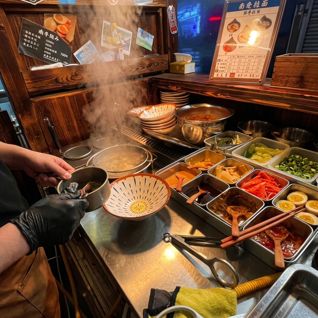 Une main versant de lhuile de ciboule claire dans un bol à ramen en céramique à laide dune louche.