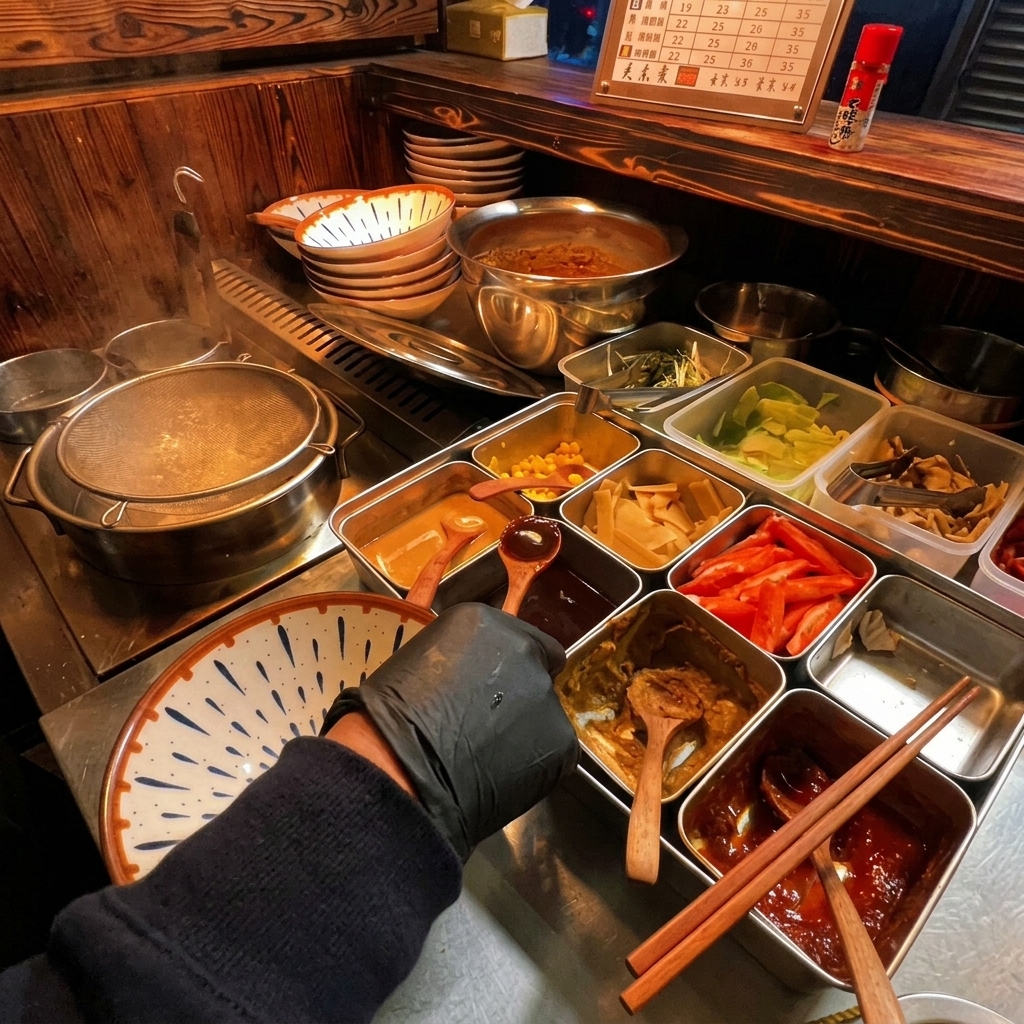 Une main ajoutant un mélange sombre de sauce soja dans le bol de ramen avec une cuillère en bois.