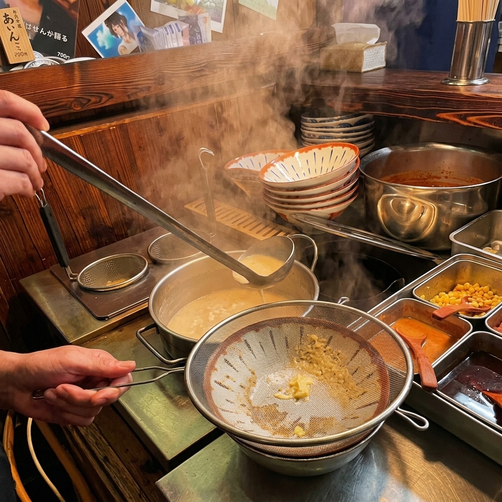 Bouillon de ramen crémeux versé à travers une passoire fine directement dans le bol de service.
