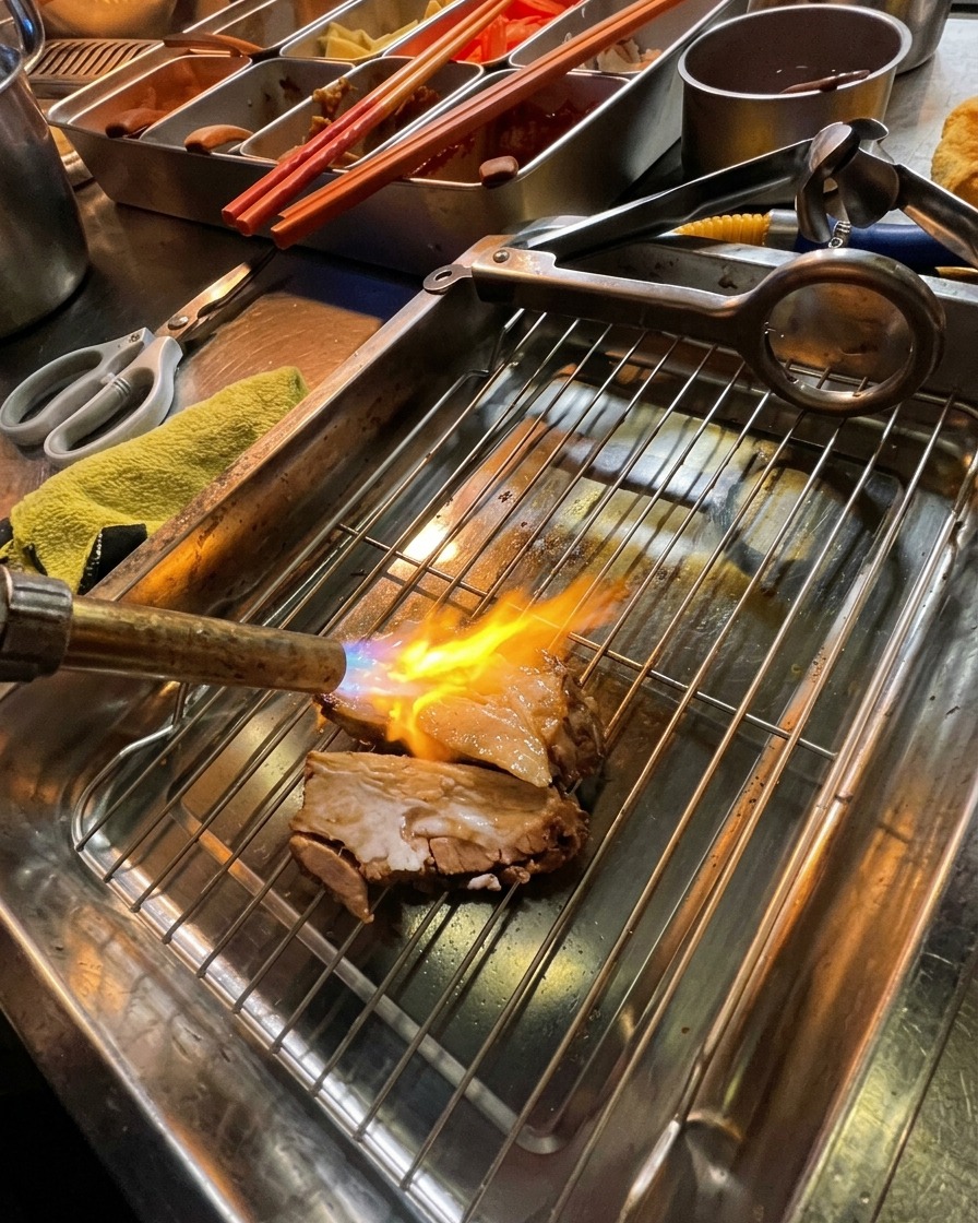 Utilisation dun chalumeau de cuisine pour griller des tranches épaisses de porc chashu posées sur une grille.