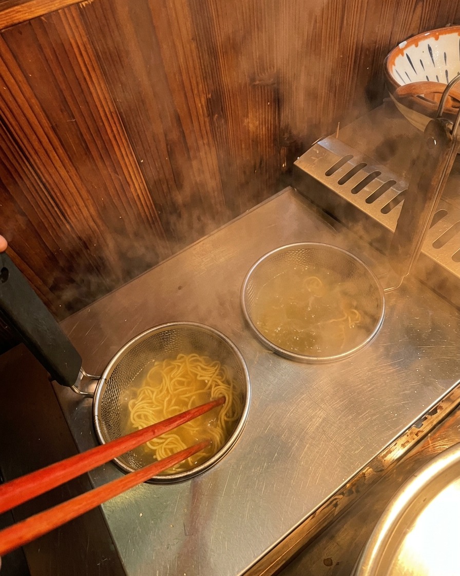 Des baguettes rouges remuant les nouilles ramen à lintérieur du panier de cuisson en métal.