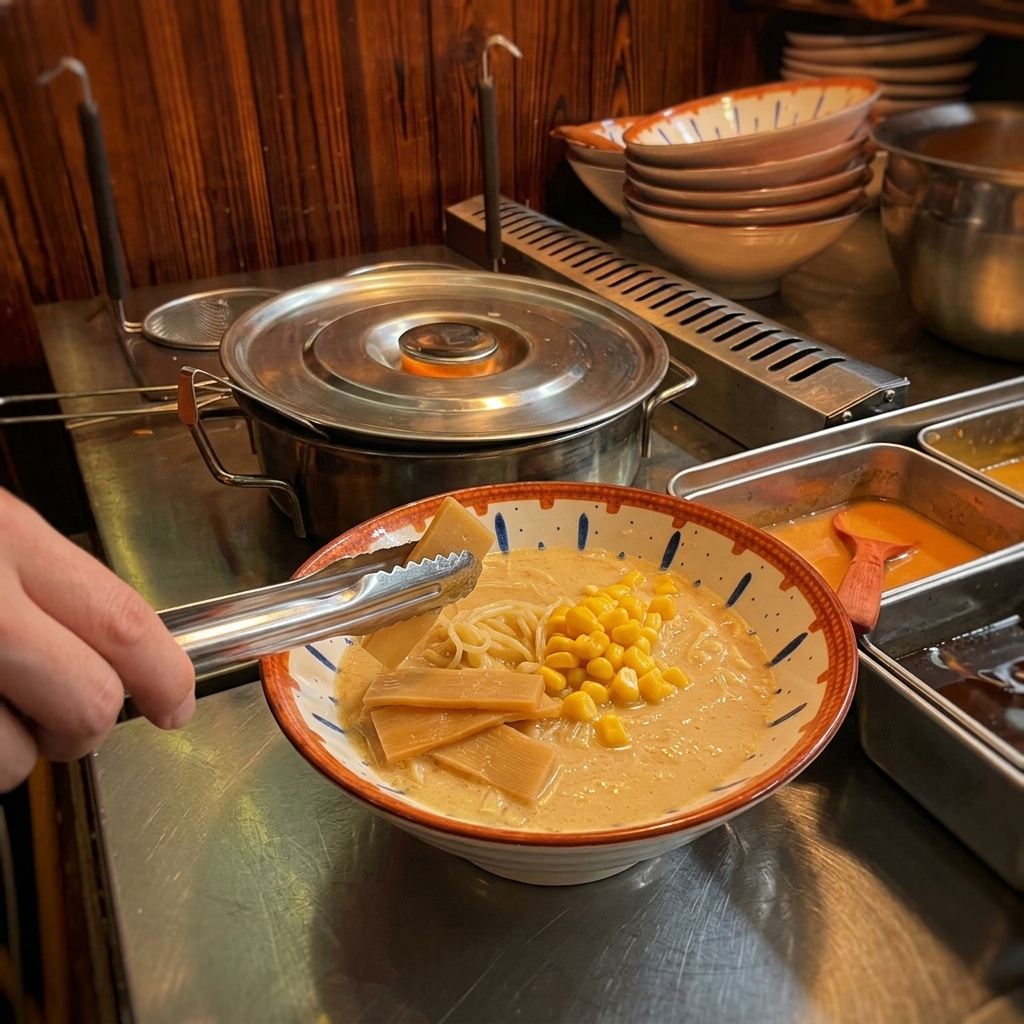 Utilisation de pinces pour disposer des tranches de pousses de bambou assaisonnées dans le bol de ramen.