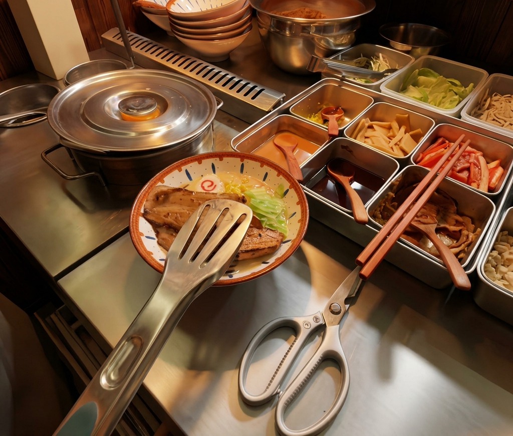 Des pinces disposant de larges tranches de porc chashu saisies au chalumeau dans le bol.