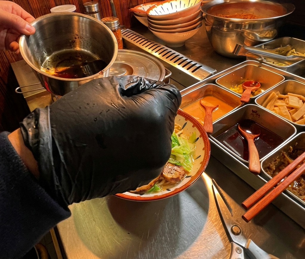 Une main versant de lhuile dail noir sombre depuis un petit récipient sur le bol de ramen.