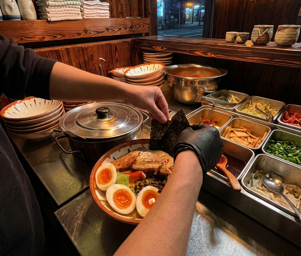 Des mains glissant une feuille carrée de nori vert foncé sur le bord dun bol de ramen terminé.