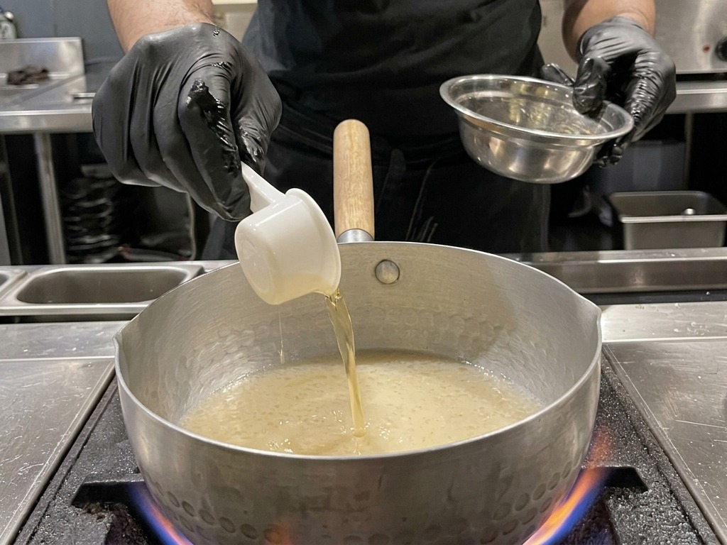 Un chef versant de lhuile de sésame jaune pâle dun verre doseur dans un bouillon frémissant.