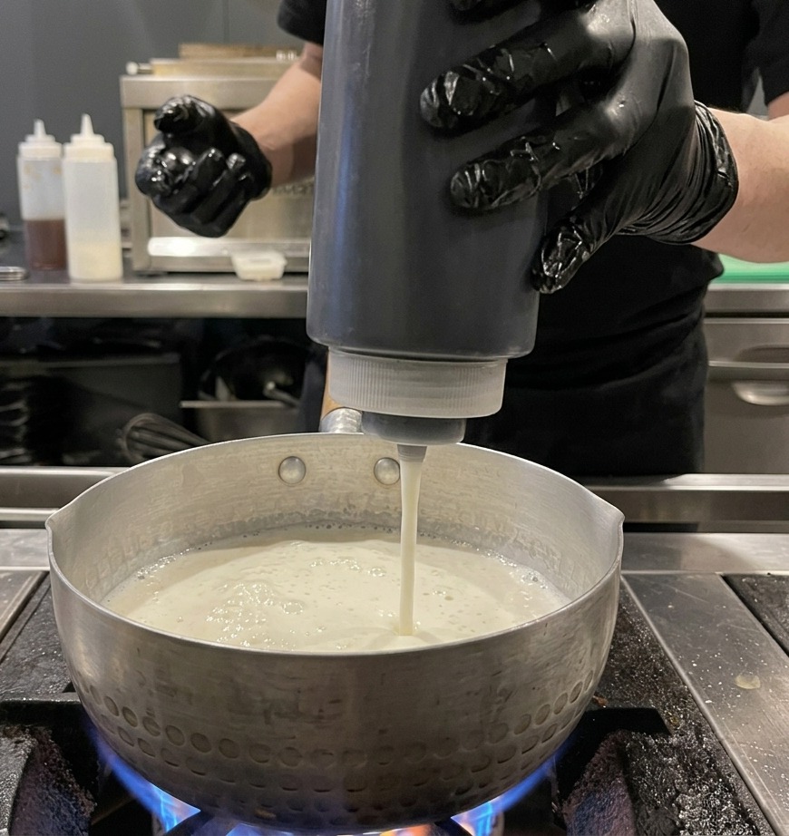 Un flacon souple en plastique noir versant une sauce épaisse dans un bouillon pâle.