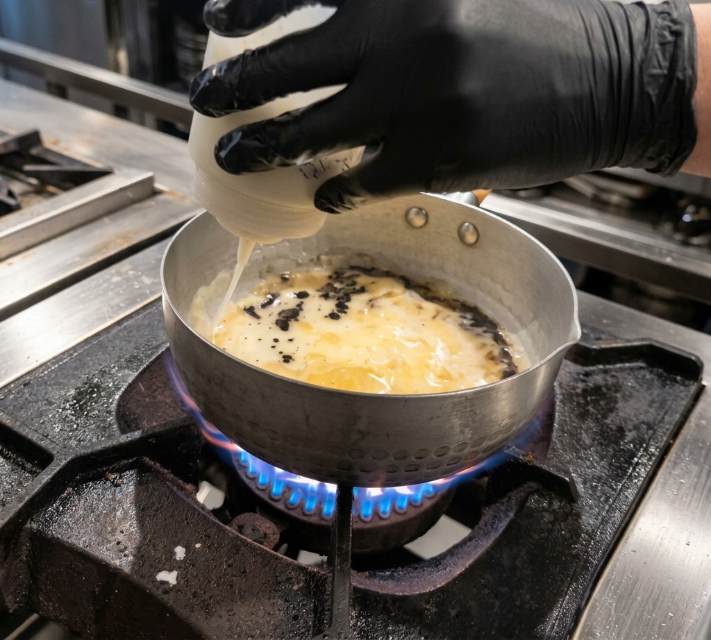 Un flacon versant un mélange damidon blanc dans un bouillon foncé frémissant.