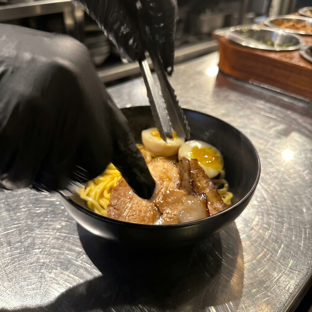 Une main gantée utilisant des pinces pour placer des tranches de porc chashu sur les nouilles.