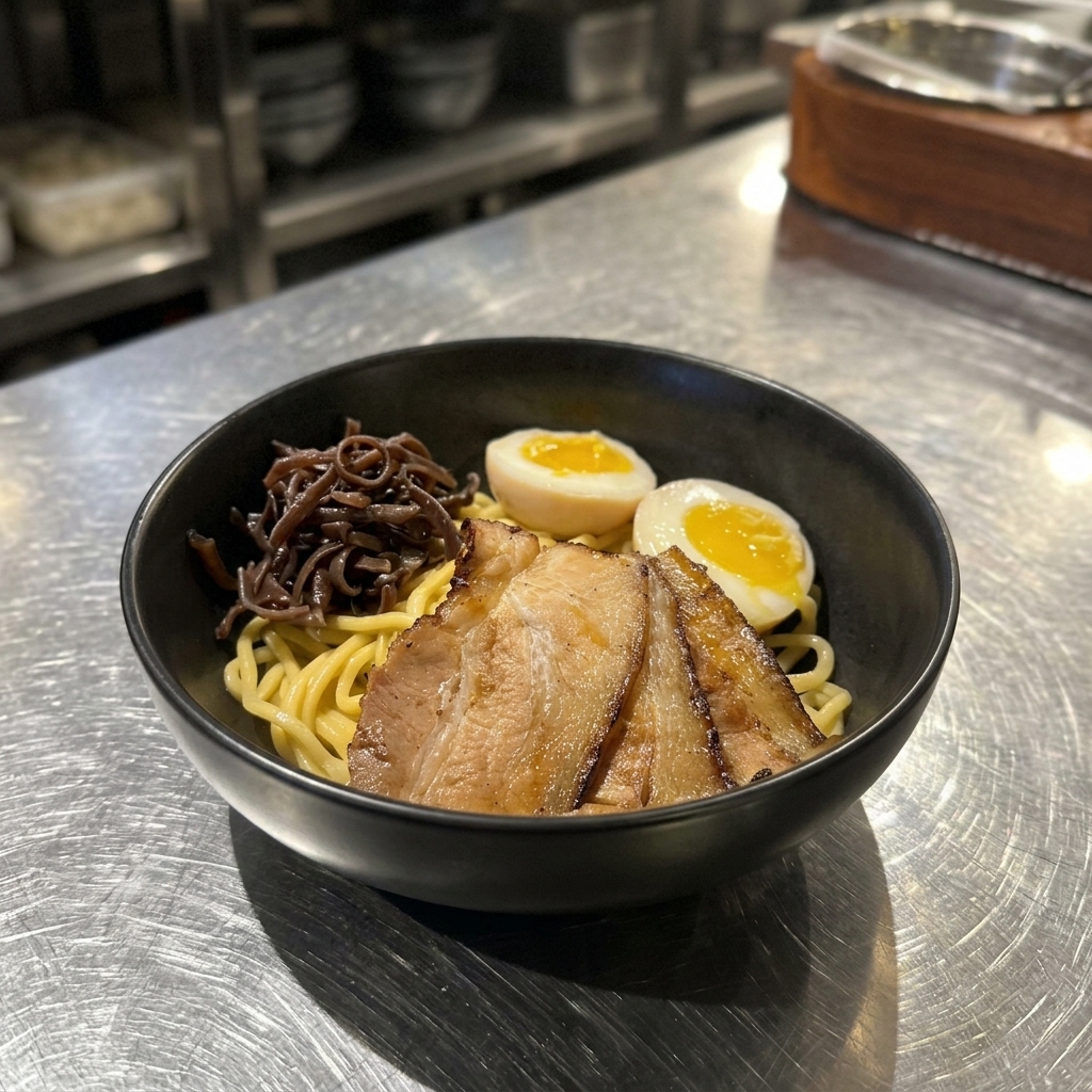 Un bol de mazesoba garni de porc chashu, dœufs et de fines lamelles de champignons noirs.