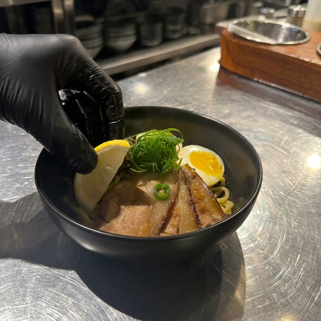 Une main gantée plaçant un quartier de citron sur le côté dun bol de mazesoba.