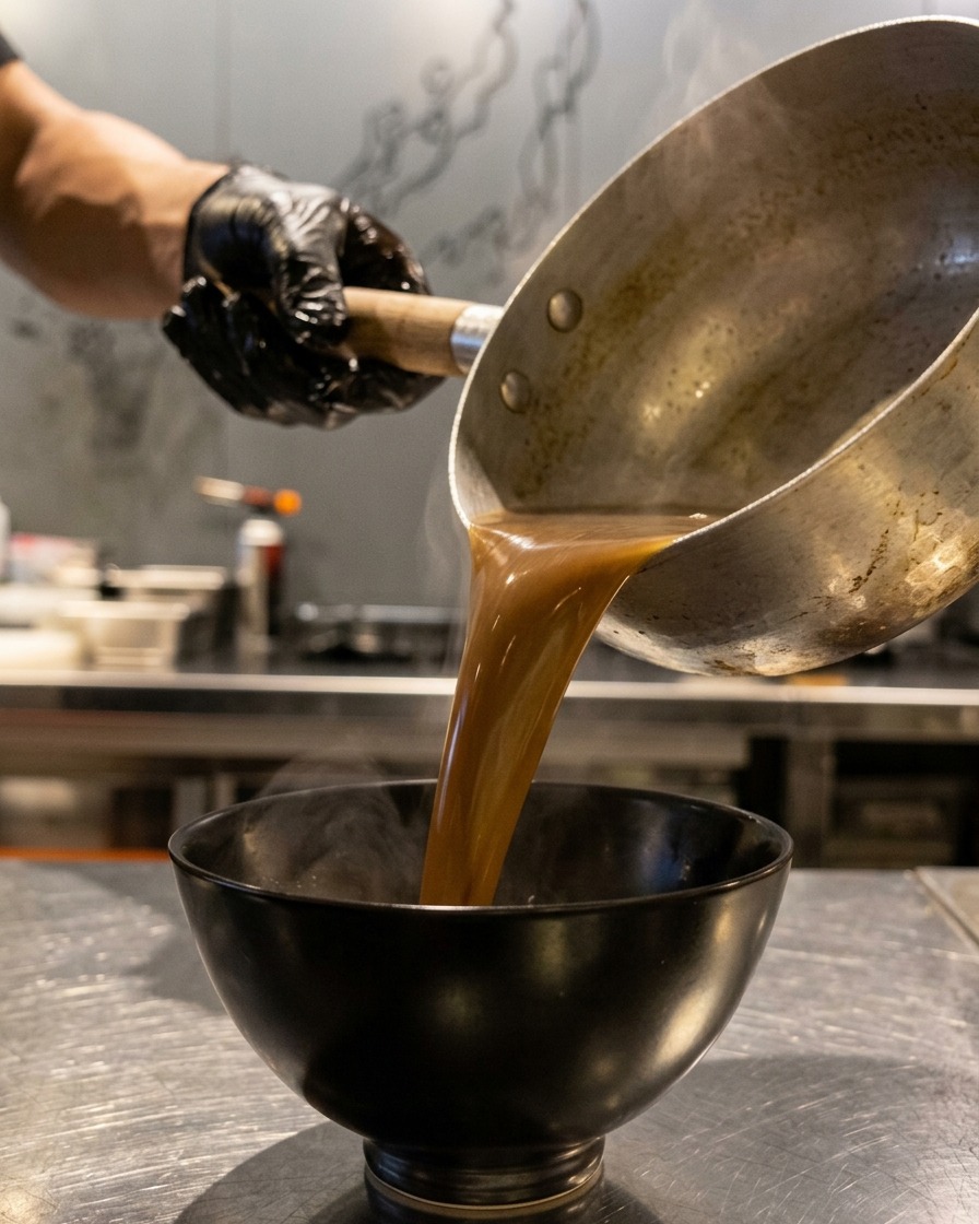Une main versant un bouillon fumant et épais dune casserole dans un petit bol de service noir.