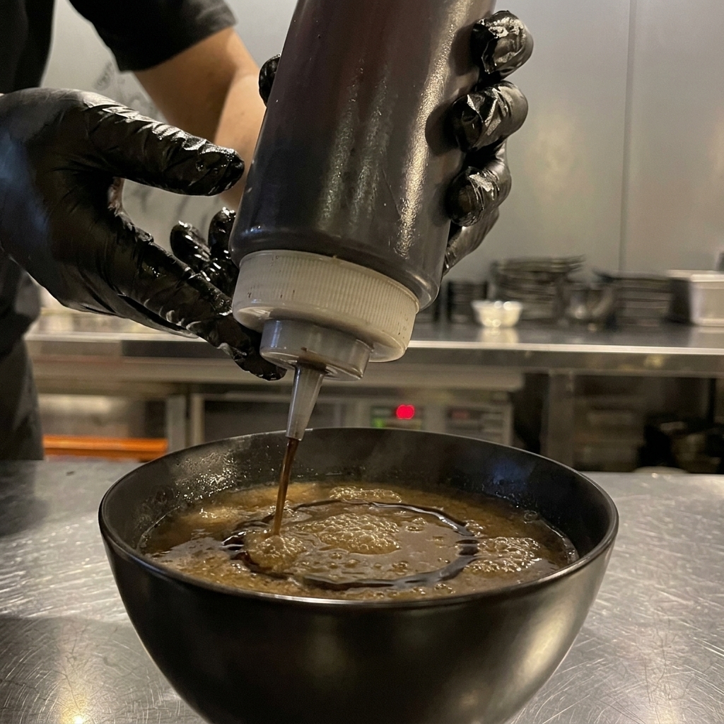 Mains gantées versant un filet de jus dail noir sur le dessus dun bol de bouillon chaud.