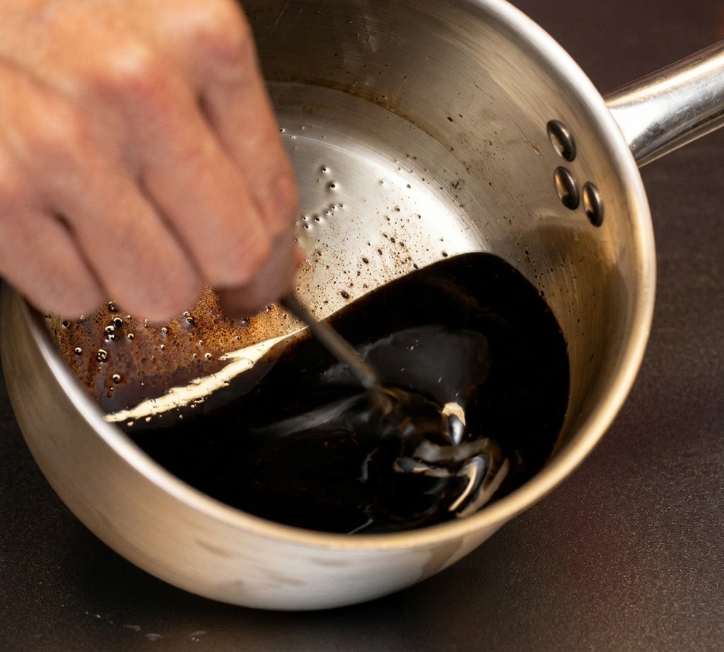 Un mélange sombre dail noirci et dhuile remué à la cuillère dans une petite casserole métallique.