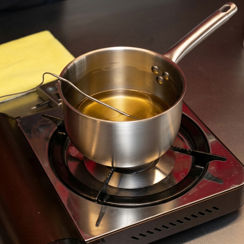 Une casserole en acier inoxydable sur un réchaud remplie de saindoux fondu doré avec un thermomètre.